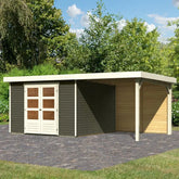 Abri de jardin en bois massif gris terre 9,24m² Askola 6 avec appentis 240cm et paroi arrière - Karibu Ma boutique